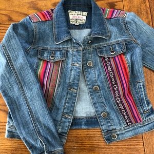 EUC Hot Kiss Distressed Jean Jacket with Bright Colored Blacket Print Size M